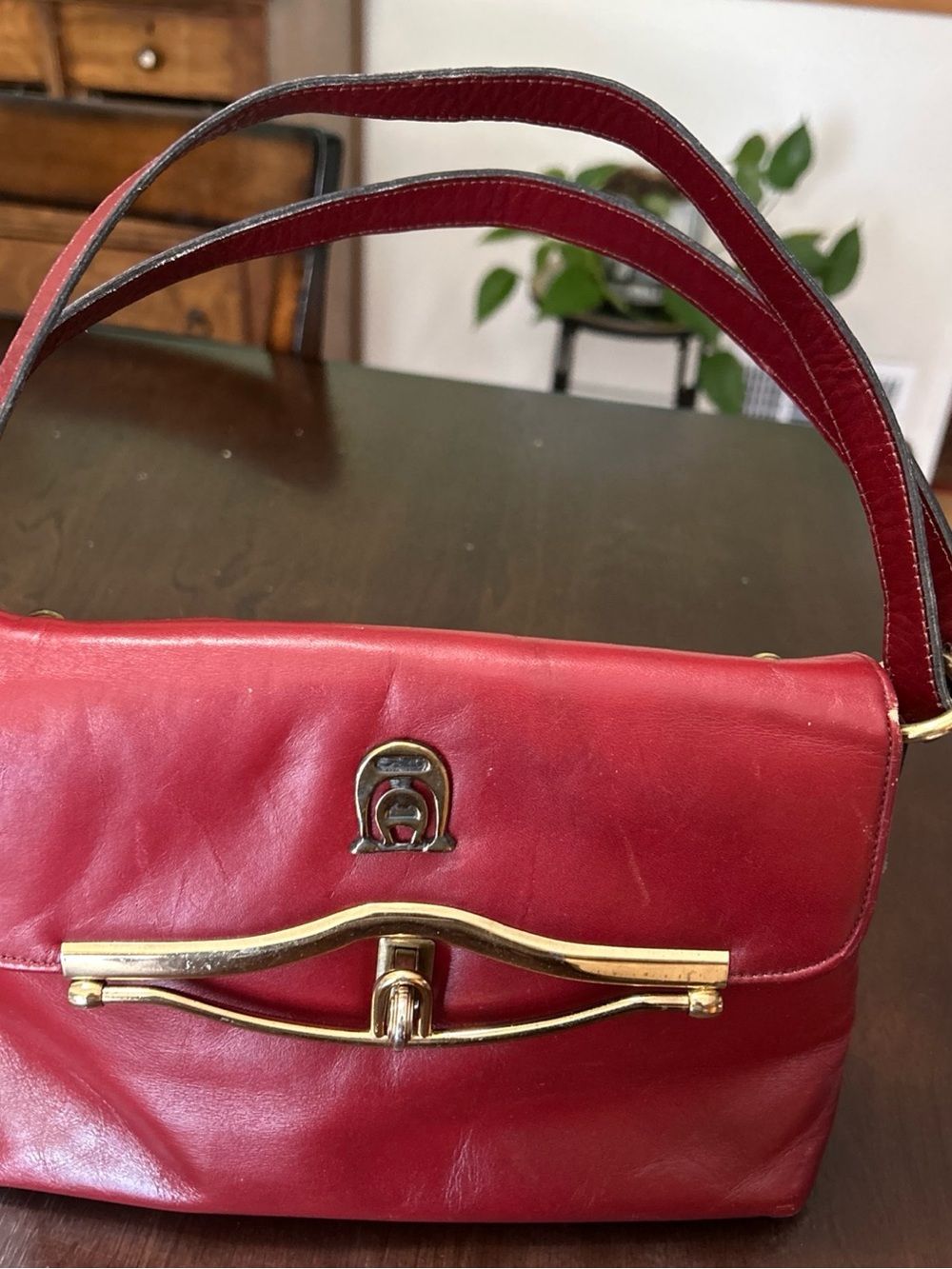 Etienne Aigner Red Leather Shoulder Bag with Gold Hardware